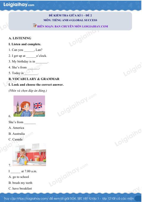 Đề thi giữa kì 1 Tiếng Anh 4 Global Success - Đề số 2